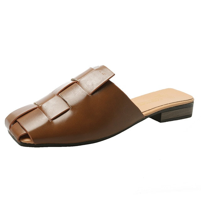 WW | Retro Kreuzband Hohl Slip-On Niedrige Absätze Damen Mules Schuhe