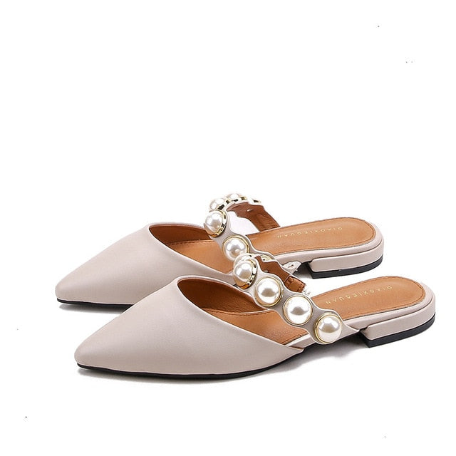 WW | Retro Perlenriemen Niedrigabsätze Damen Mules Schuhe