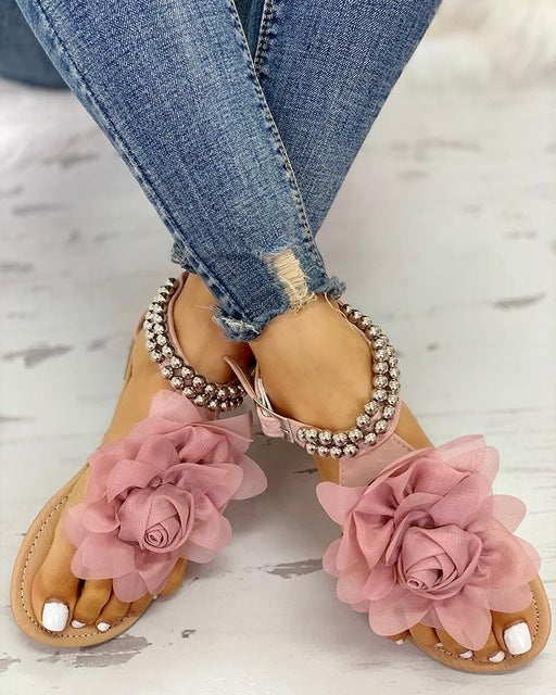 W&W Mode | Bequeme Blumenperlenriemen Flache Sandale