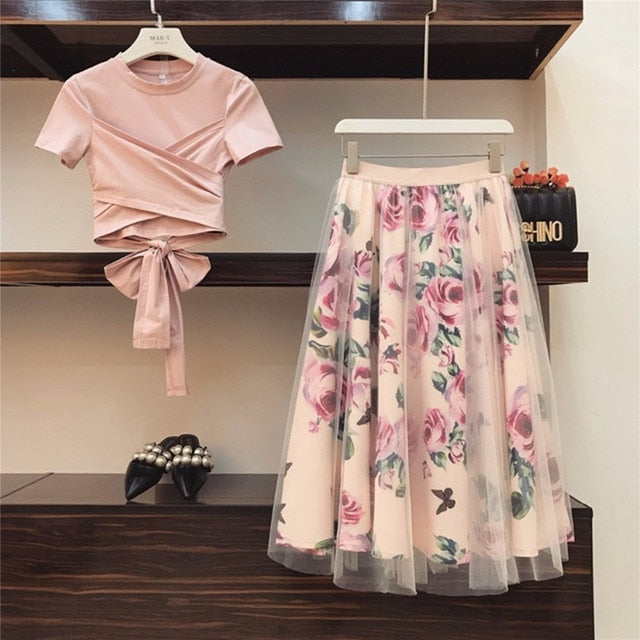 Damen-Rock-Set mit Crop-Top, Midi-Rock und Rosenmuster