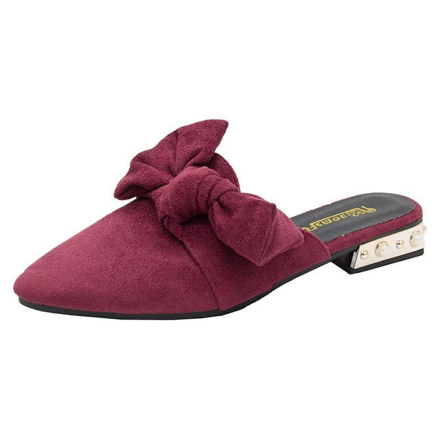 WW | Canvas Bonded Leather Einfarbige Spitzzehen mit Luxus Niedrigen Absätzen Damen Mules Schuhe