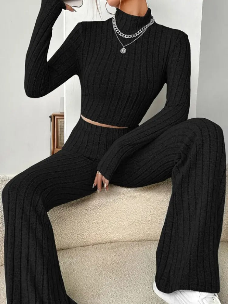 WW | Stilvolle Winter Chic Schwarzes Zweiteiliges Strickset Für Frauen