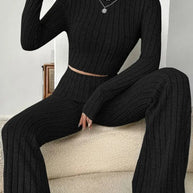 WW | Stilvolle Winter Chic Schwarzes Zweiteiliges Strickset Für Frauen
