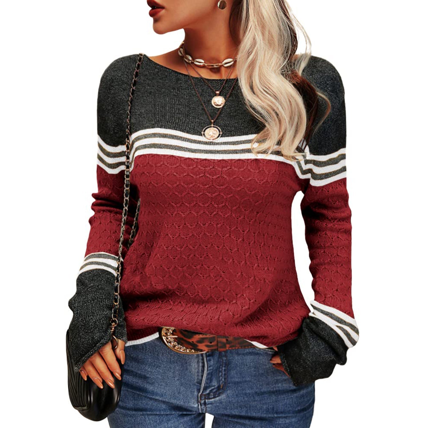 WW - Damen Zwei-Farben Farbblock Pullover