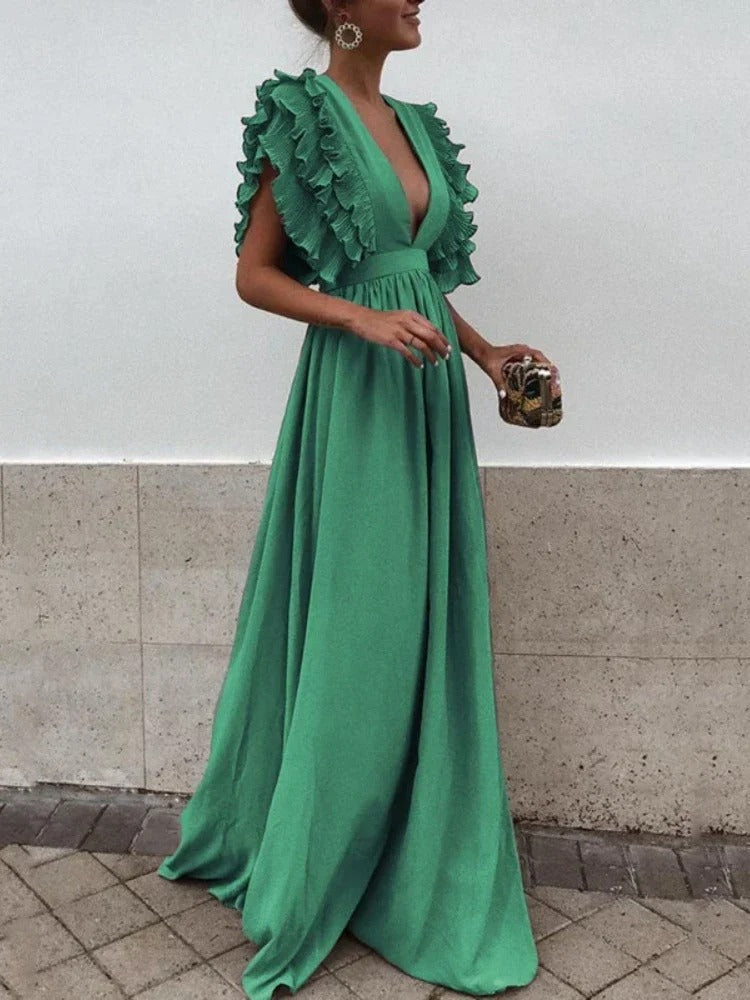 Damen Kleid mit V-Ausschnitt und Rüschenärmeln
