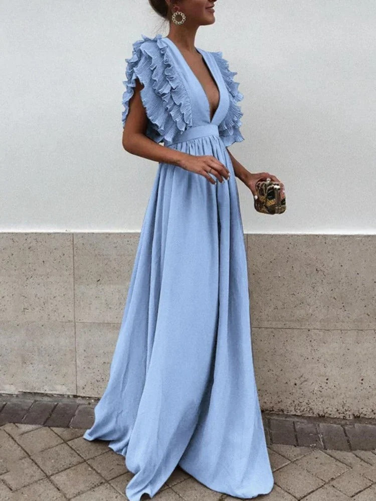 Damen Kleid mit V-Ausschnitt und Rüschenärmeln