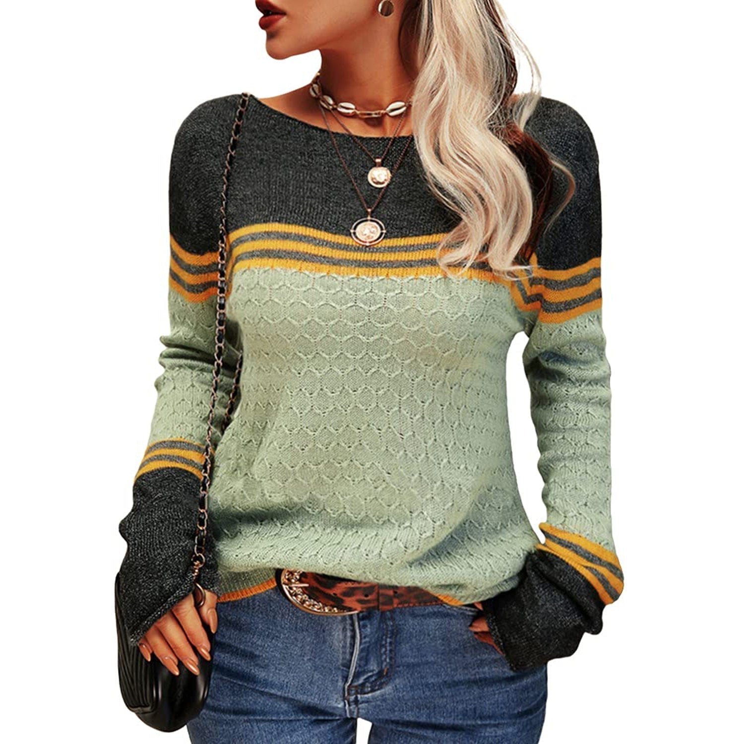WW - Damen Zwei-Farben Farbblock Pullover