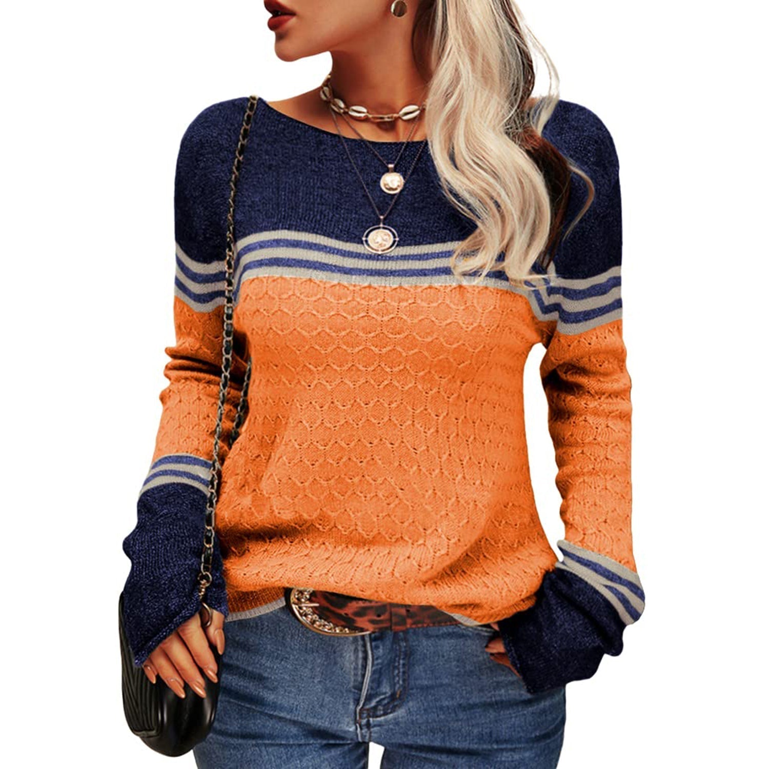 WW - Damen Zwei-Farben Farbblock Pullover
