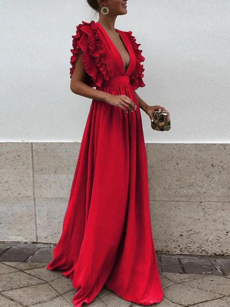 WW - Elegantes V-Ausschnitt-Kleid mit Rüschärmeln