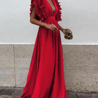 WW - Elegantes V-Ausschnitt-Kleid mit Rüschärmeln