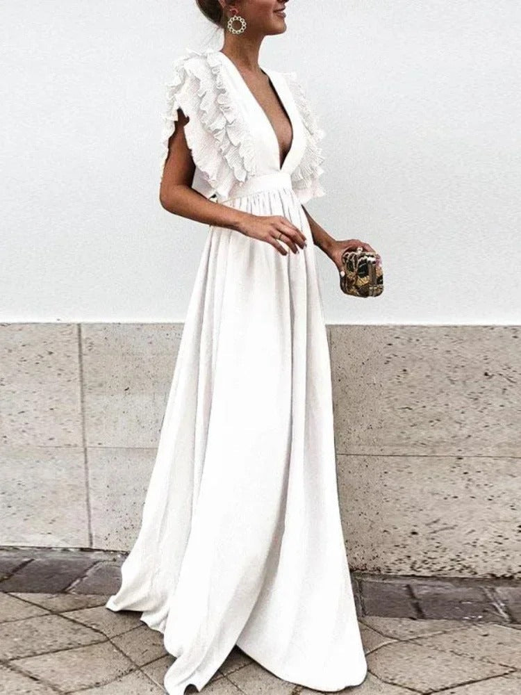 WW - Elegantes V-Ausschnitt-Kleid mit Rüschärmeln