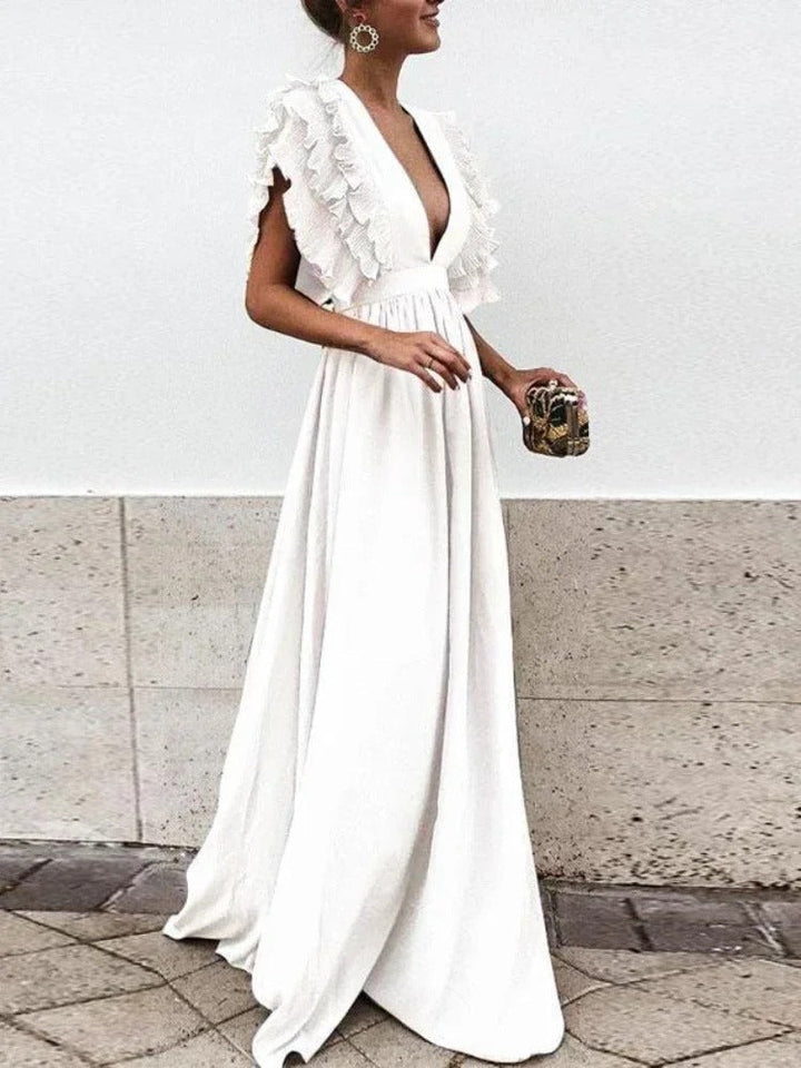 Damen Kleid mit V-Ausschnitt und Rüschenärmeln