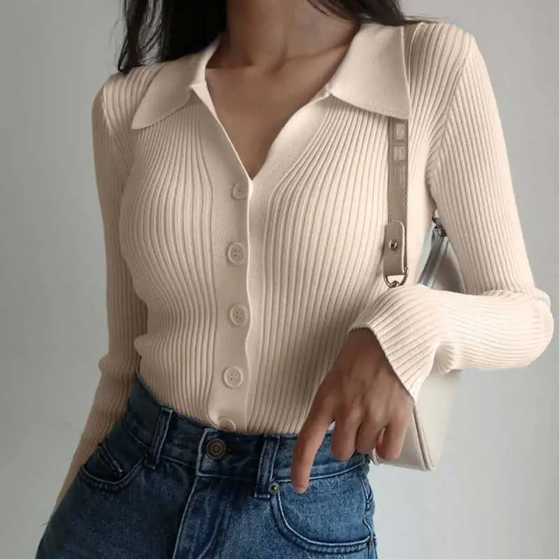 WW | Eleganter gestrickter Stretch-Polopullover für Frauen