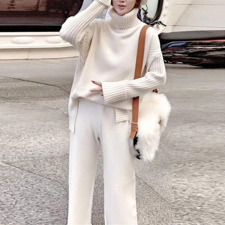 W&W Mode Hausanzug | Luxuriöser, warmer Rollkragenpullover mit passender, übergroßer Wollhose