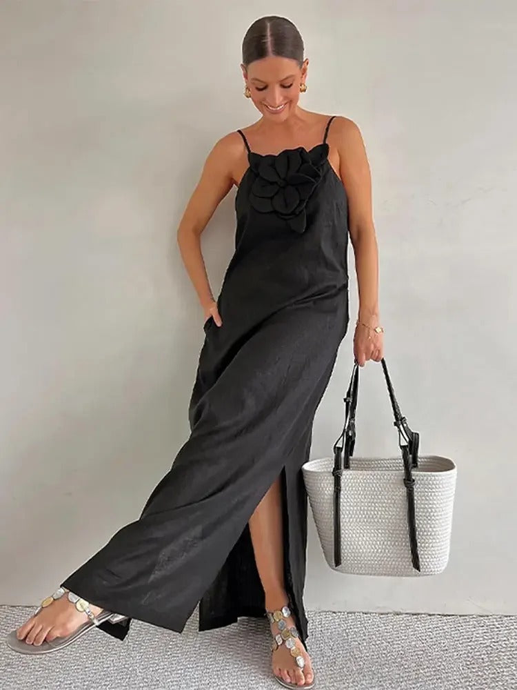 WW Kleid | Stilvolles ärmelloses Midi-Kleid mit hoher Schlitzen und 3D-Blumendetail für Damen