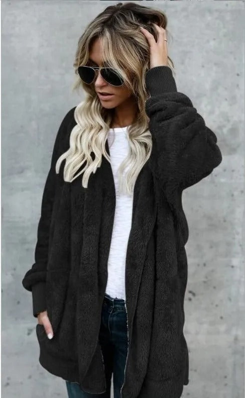 W&W Mode Fleece-Cardigan | Superweicher lässiger Fleece-Cardigan mit Kapuze für Damen