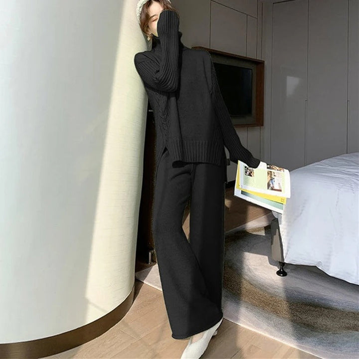 W&W Mode Hausanzug | Luxuriöser, warmer Rollkragenpullover mit passender, übergroßer Wollhose