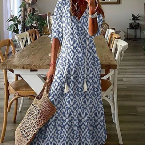 WW | Maxikleid mit halben Ärmeln und V-Ausschnitt mit Blumenmuster