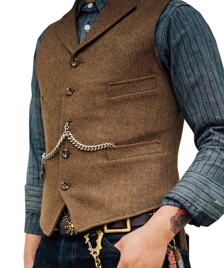 W&W Mode | Western Stilvolles Ärmelloses Tweed Weste Für Männer Mit Ketten Design
