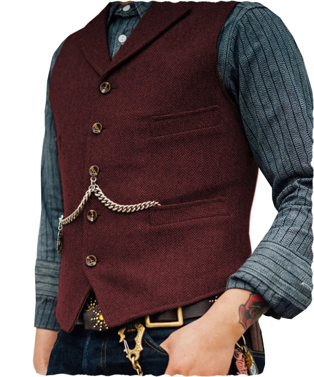 W&W Mode | Western Stilvolles Ärmelloses Tweed Weste Für Männer Mit Ketten Design
