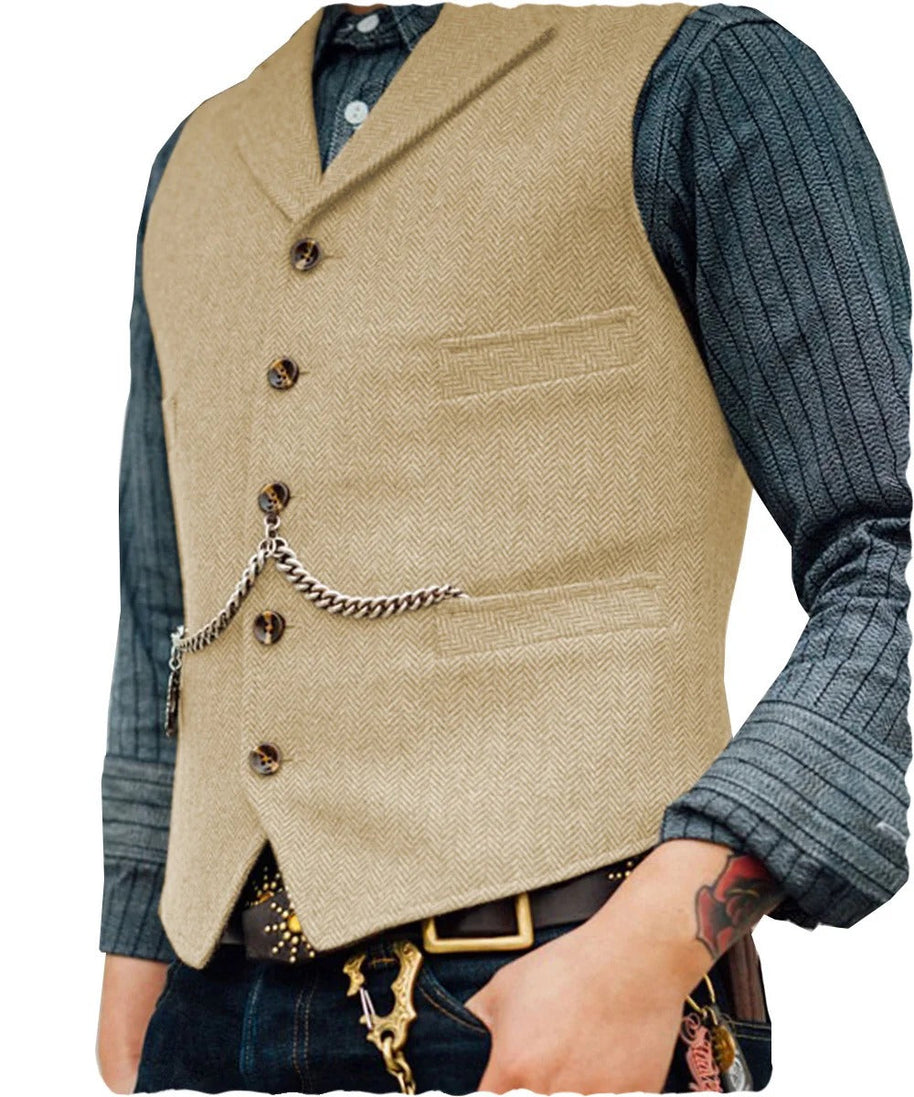 WW | Western Stilvolles Ärmelloses Tweed Weste Für Männer Mit Ketten Design