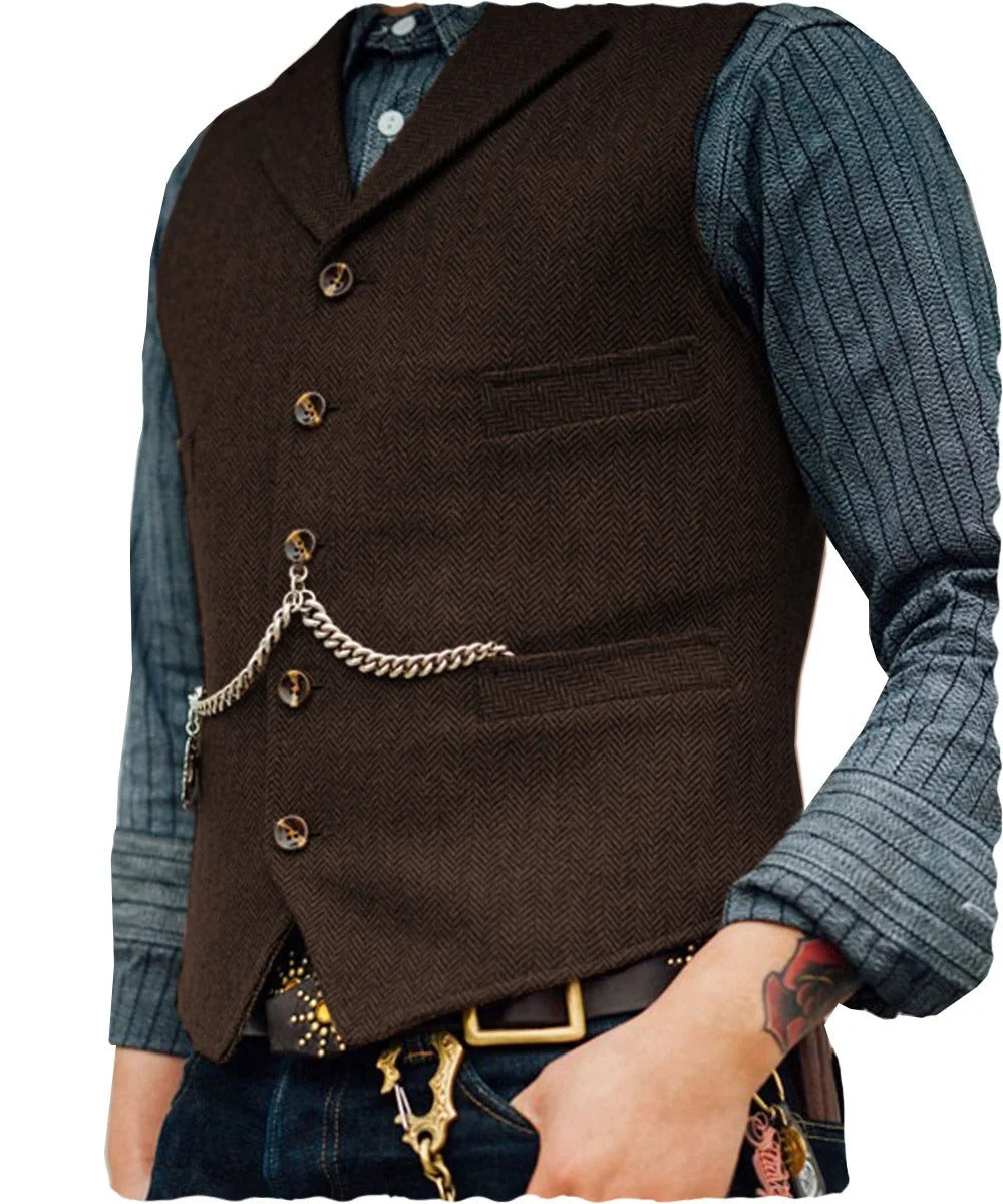 W&W Mode | Western Stilvolles Ärmelloses Tweed Weste Für Männer Mit Ketten Design