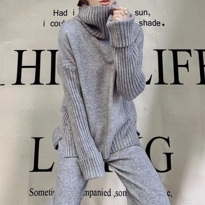 W&W Mode Hausanzug | Luxuriöser, warmer Rollkragenpullover mit passender, übergroßer Wollhose