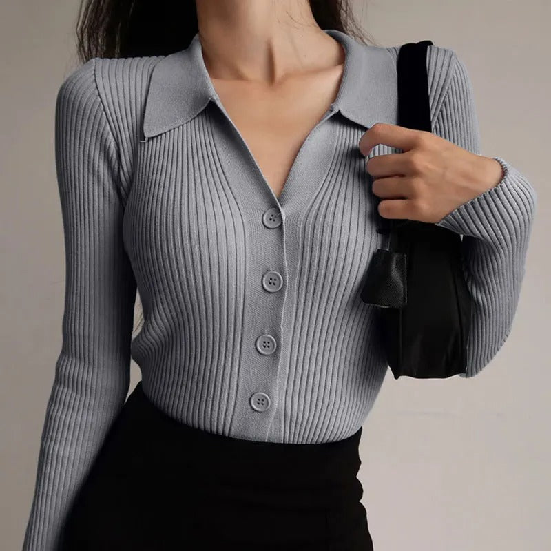 WW | Eleganter gestrickter Stretch-Polopullover für Frauen