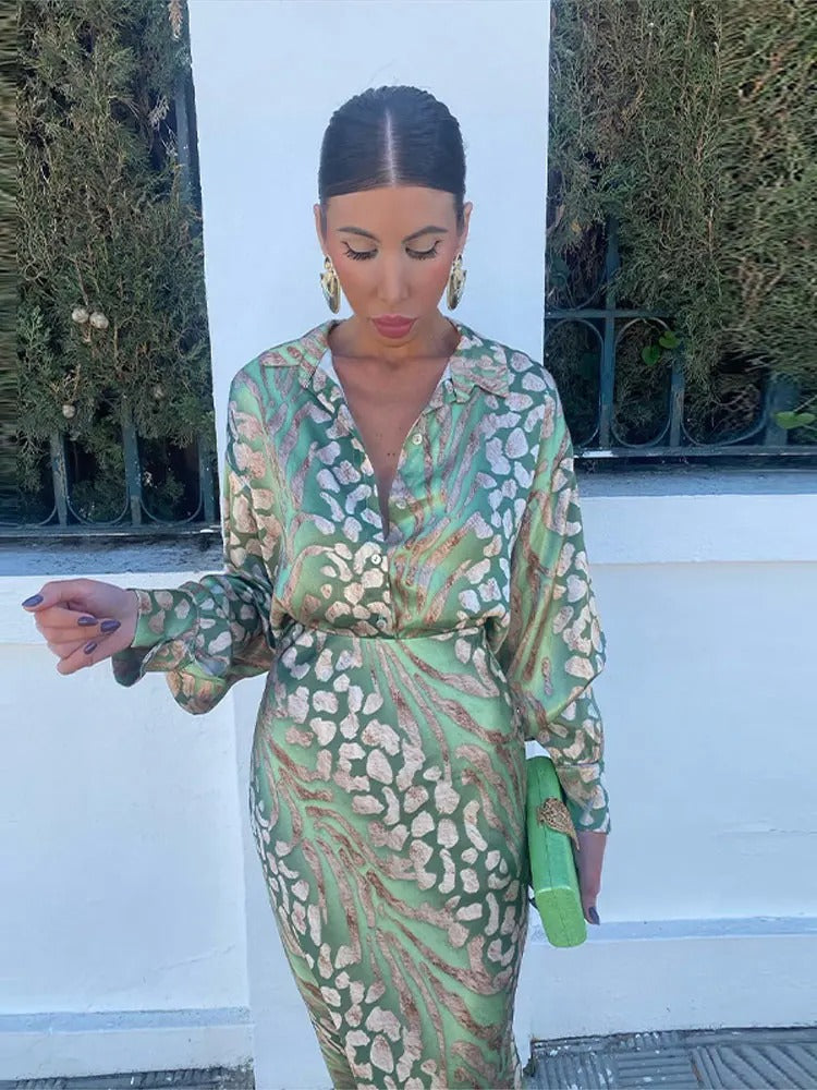 WW | Satiniertes Bedrucktes Midi Kleid Mit Langen Ärmeln Für Damen