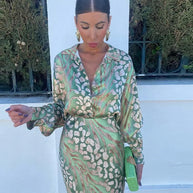 WW | Satiniertes Bedrucktes Midi Kleid Mit Langen Ärmeln Für Damen