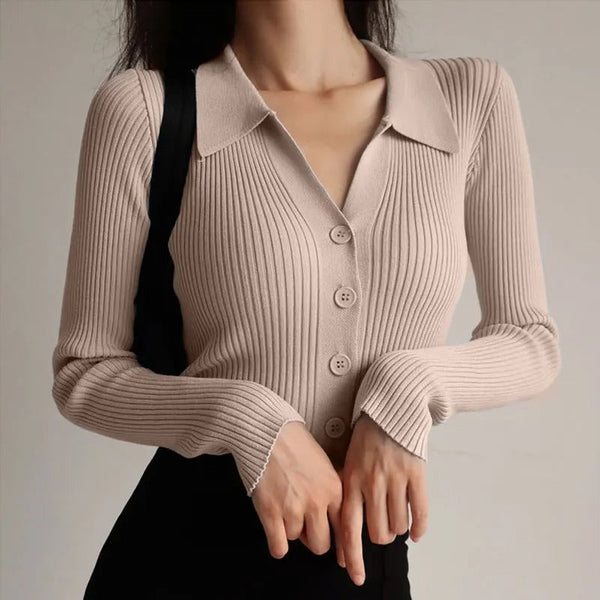 WW | Eleganter gestrickter Stretch-Polopullover für Frauen