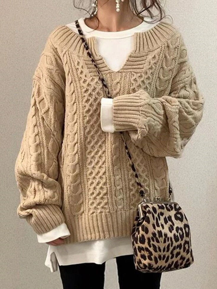 WW | Bequemer Warmer Übergröße Zopfpullover Aus Weichem Material