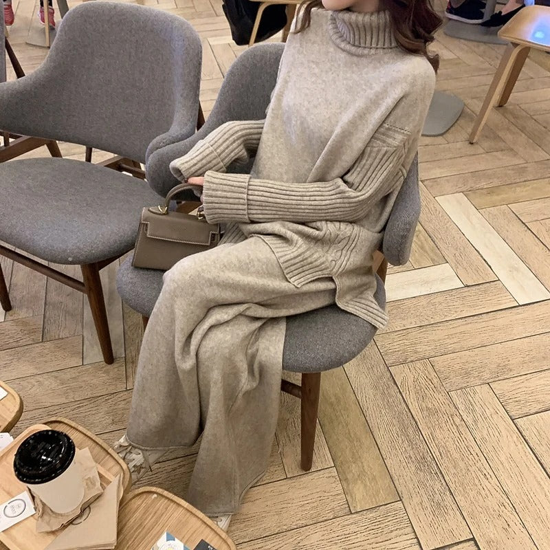 W&W Mode Hausanzug | Luxuriöser, warmer Rollkragenpullover mit passender, übergroßer Wollhose