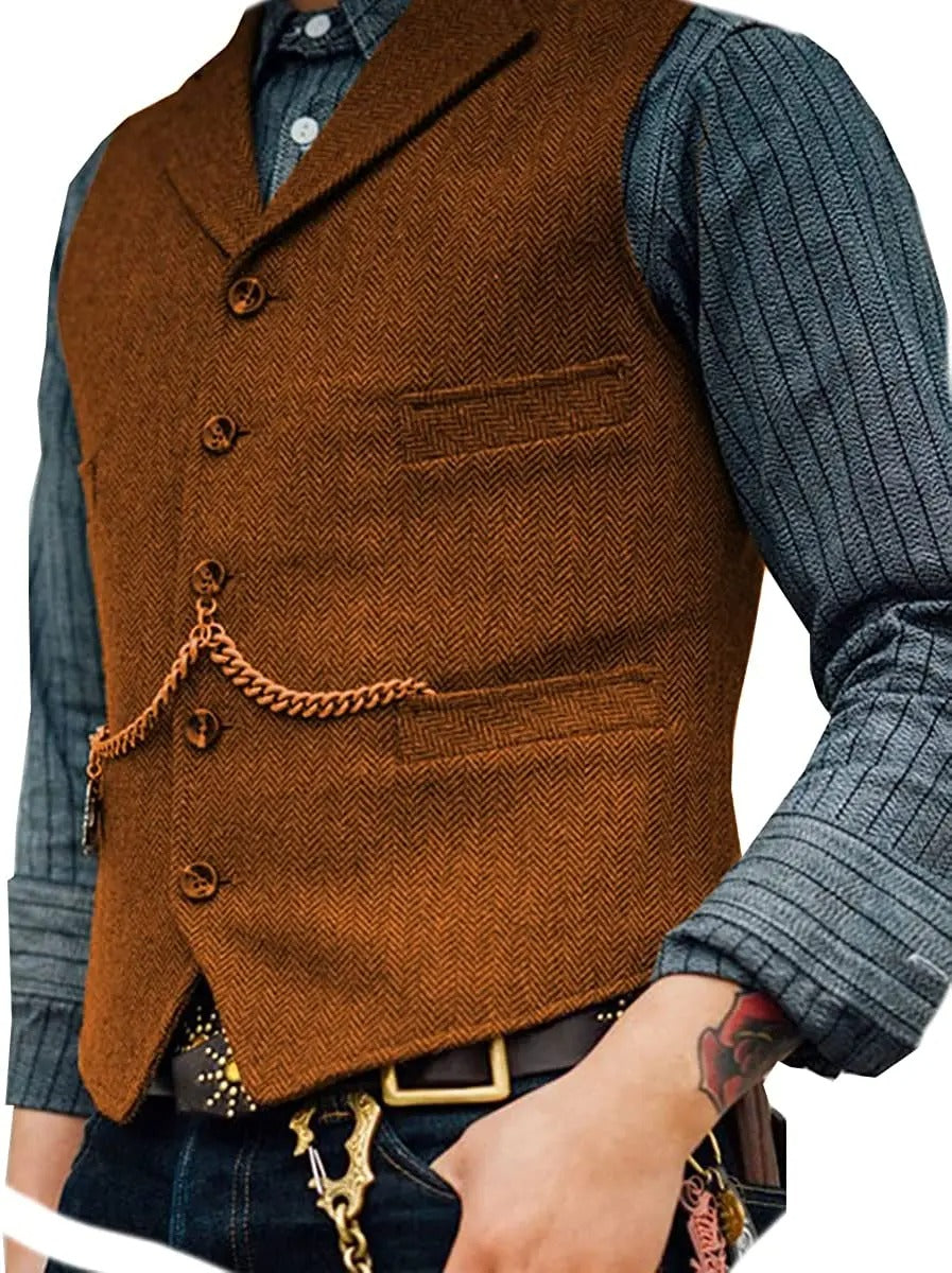WW | Western Stilvolles Ärmelloses Tweed Weste Für Männer Mit Ketten Design