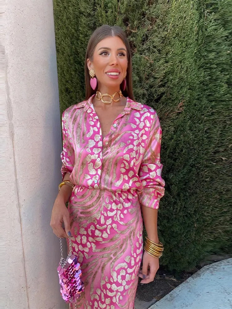 WW | Satiniertes Bedrucktes Midi Kleid Mit Langen Ärmeln Für Damen