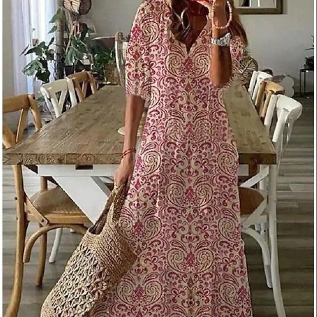 W&W Mode | Maxikleid mit halben Ärmeln und V-Ausschnitt mit Blumenmuster