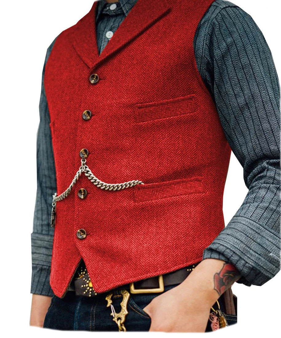 WW | Western Stilvolles Ärmelloses Tweed Weste Für Männer Mit Ketten Design
