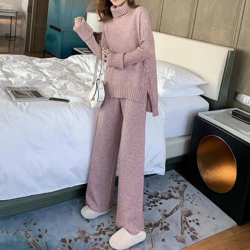 W&W Mode Hausanzug | Luxuriöser, warmer Rollkragenpullover mit passender, übergroßer Wollhose