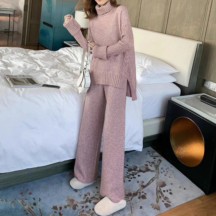 W&W Mode Hausanzug | Luxuriöser, warmer Rollkragenpullover mit passender, übergroßer Wollhose
