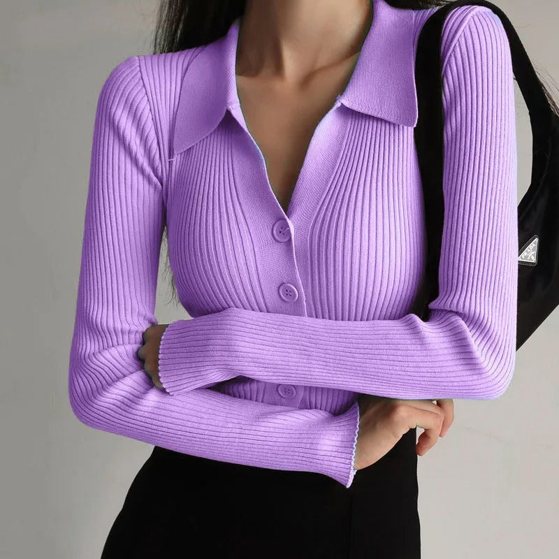 WW | Eleganter gestrickter Stretch-Polopullover für Frauen