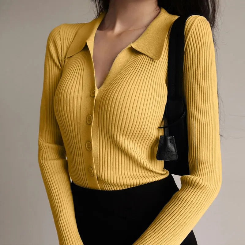 WW | Eleganter gestrickter Stretch-Polopullover für Frauen