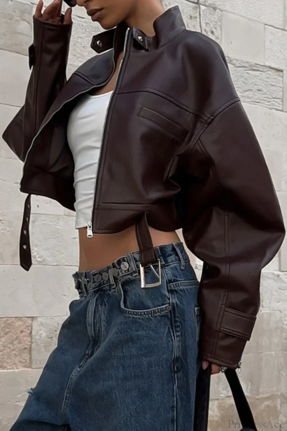 WW | Biker Stehkragen Reißverschluss Lederjacke
