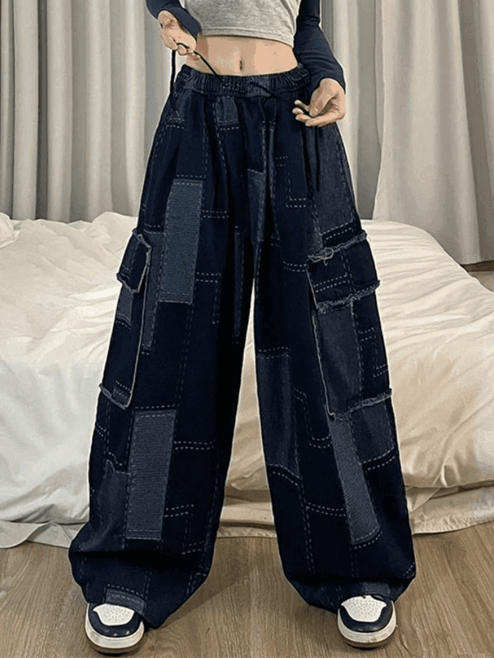 WW | Weinlese Blaue Karierte Baggy Cargo Jeans
