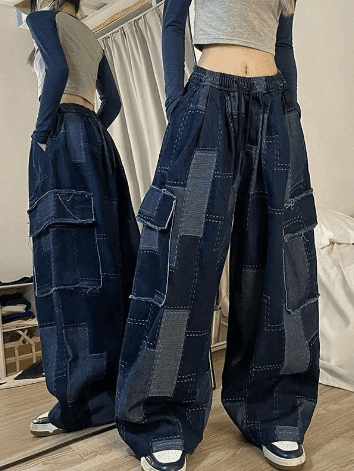 WW | Weinlese Blaue Karierte Baggy Cargo Jeans