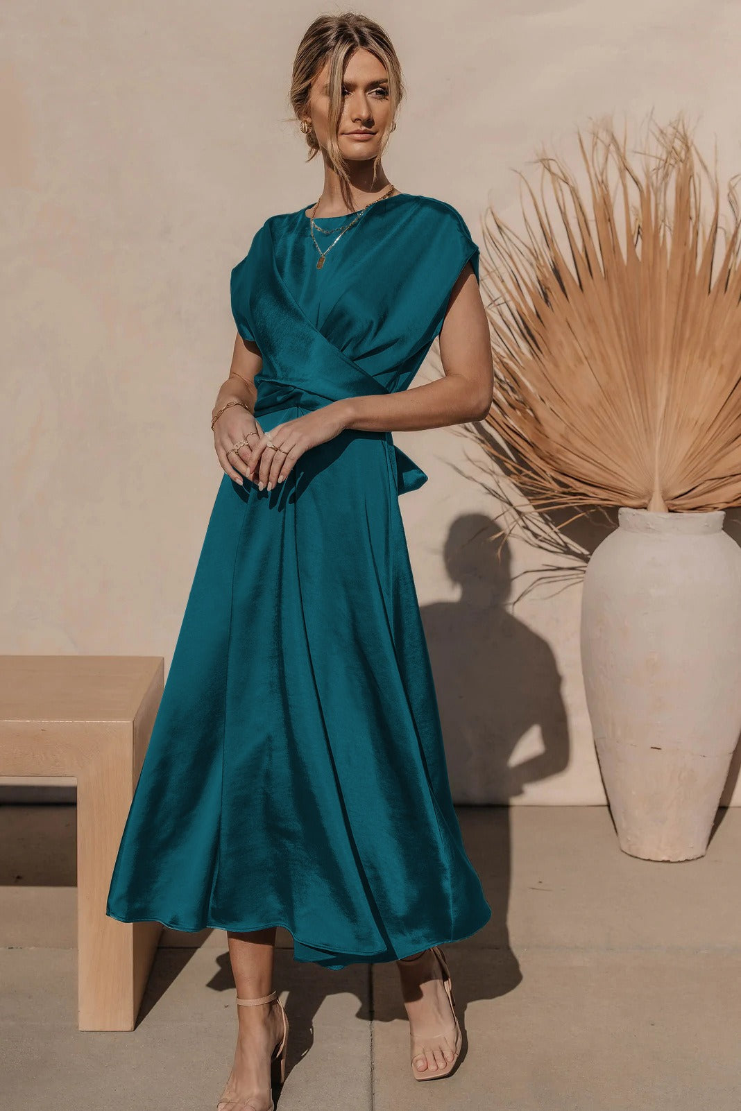 W&W Mode | Elegantes Satin-Wickel-Midi-Kleid für Damen
