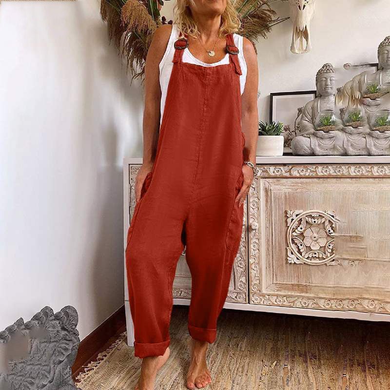 WW | Weite-Leg-Overall Damen verstellbare Schnalle Baumwolle und Leinen Tasche Overalls