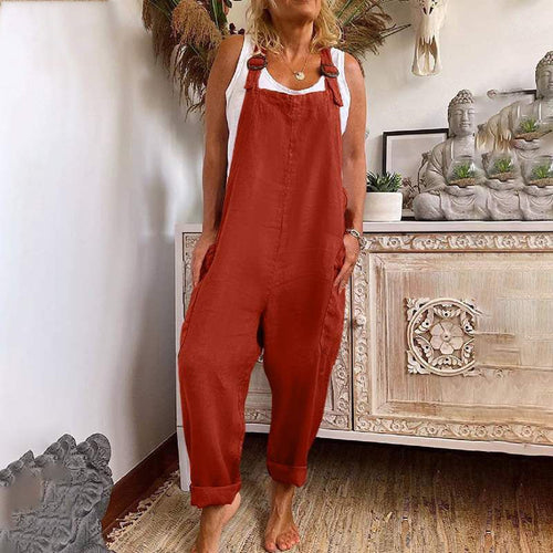 WW | Weite-Leg-Overall Damen verstellbare Schnalle Baumwolle und Leinen Tasche Overalls