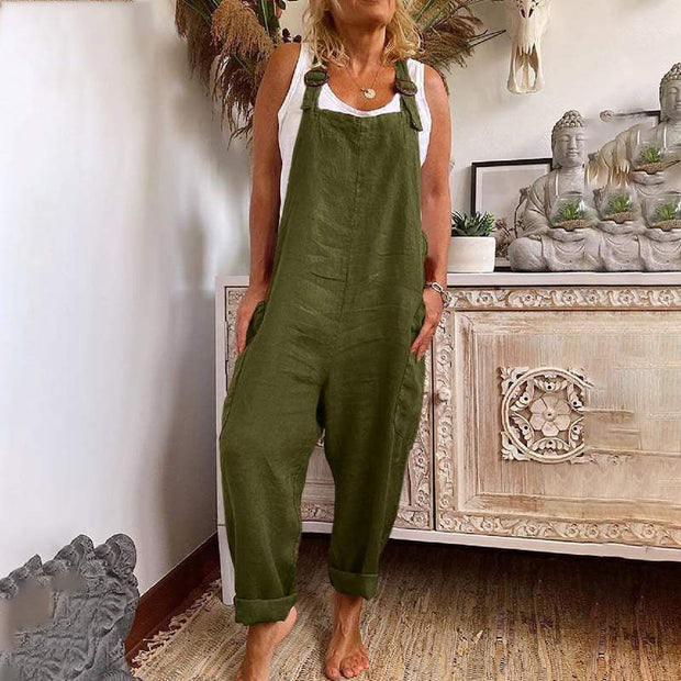 WW | Weite-Leg-Overall Damen verstellbare Schnalle Baumwolle und Leinen Tasche Overalls