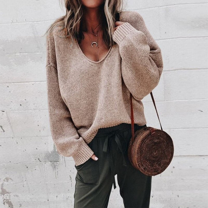 WOLF Lose V-Ausschnitt Stricktop Pullover - FashionWOLF