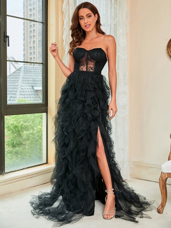 WW | Damen Frühling Sommer Neue Große Größe Spitzen-Mesh-Röhrenoberteil Sexy Kleid